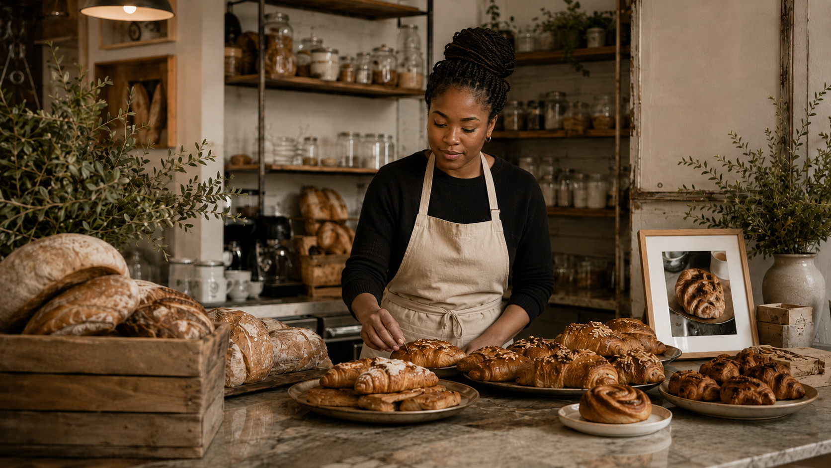 A bakery owner finishing a tray of pastries on the marble counter of her own shop.