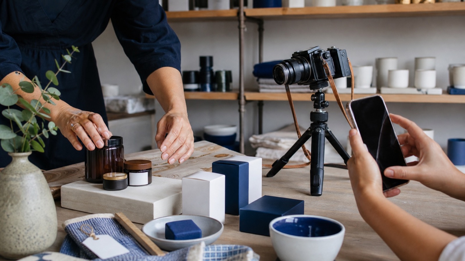 A shop owner arranging her own products while a camera on a tripod and a phone capture them.