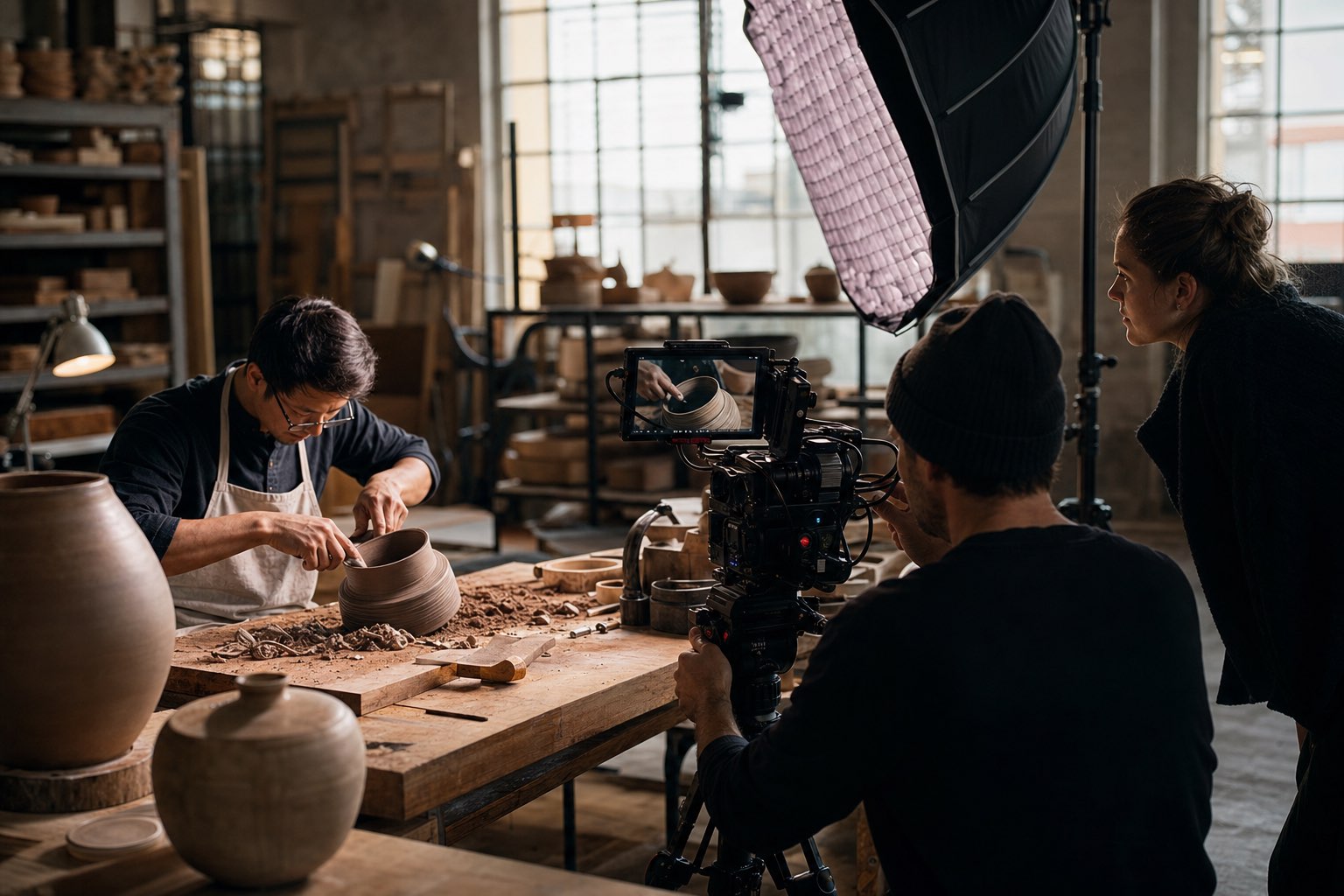 A small production crew filming a ceramic maker at work in a workshop.