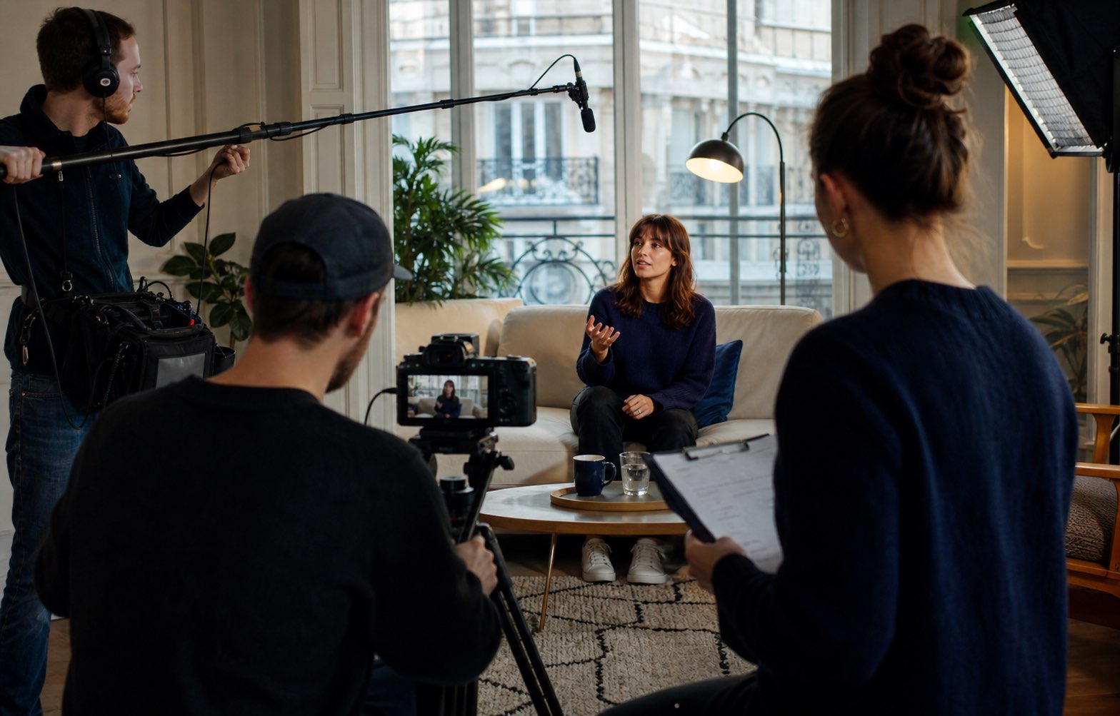 A compact production crew filming a creator in a light-filled interior.