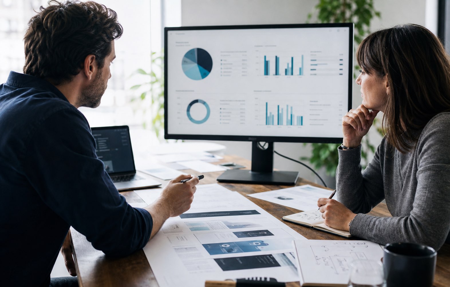 A strategist and business owner reviewing campaign charts and planning documents together.