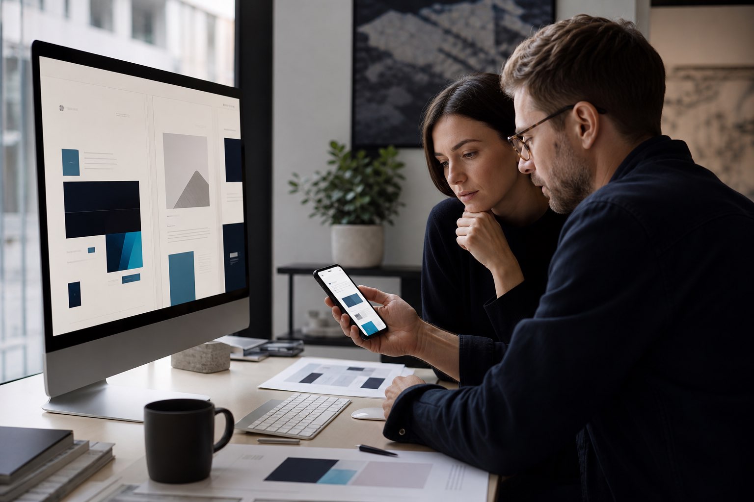 A designer and developer reviewing the same website on a desktop display and smartphone.